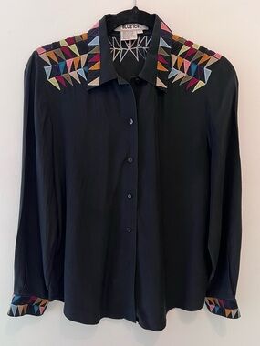 Vintage 100% Silk Blue Ice Blouse Geometric Color block Statement Top 4